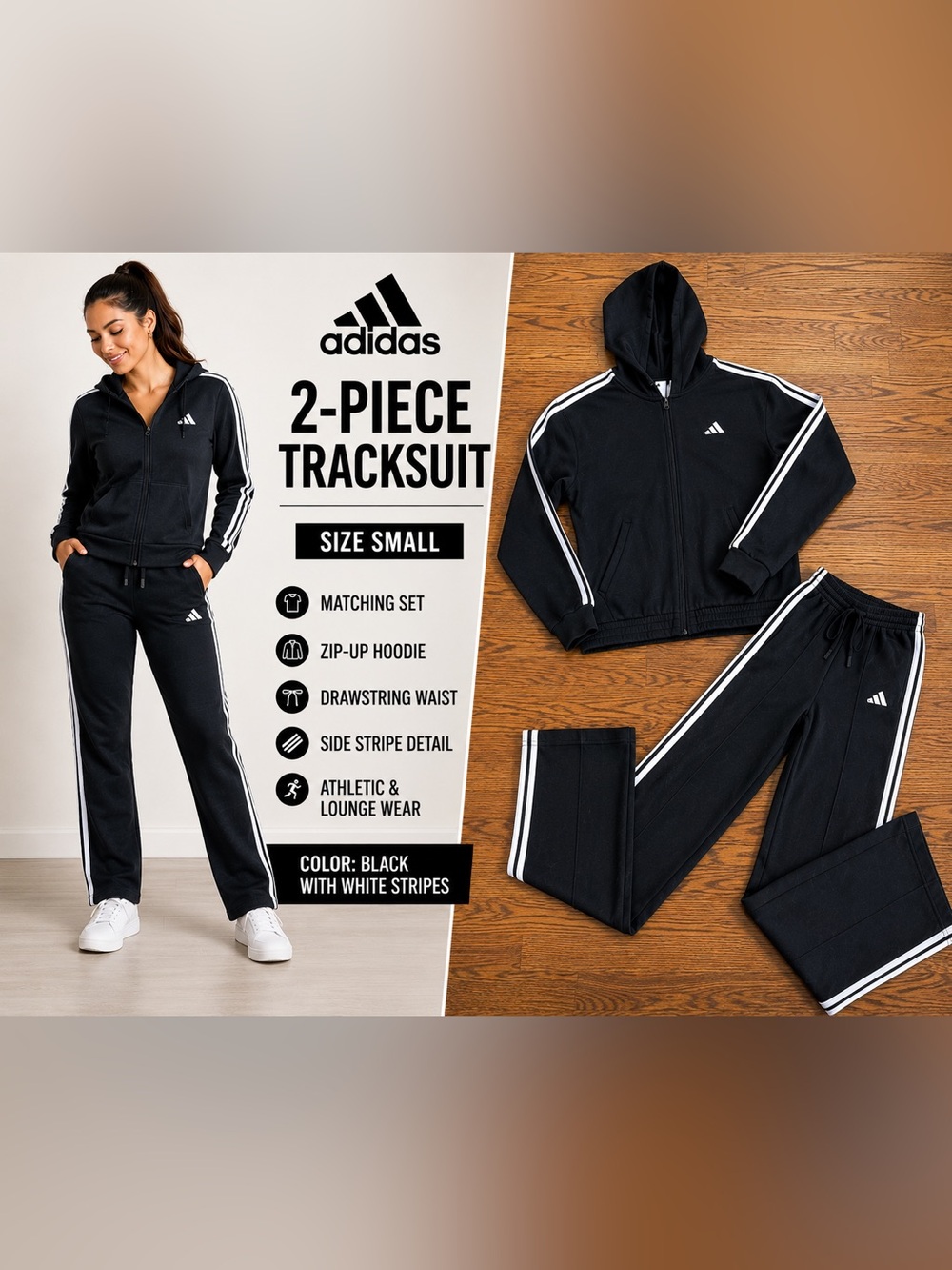 Adidas Two-Piece Tracksuit Set Size Small Black & White Stripe Hoodie & Pants